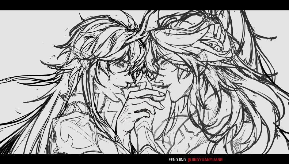 this is a black and white line art sketch of two anime characters. the characters are a male and a female, both