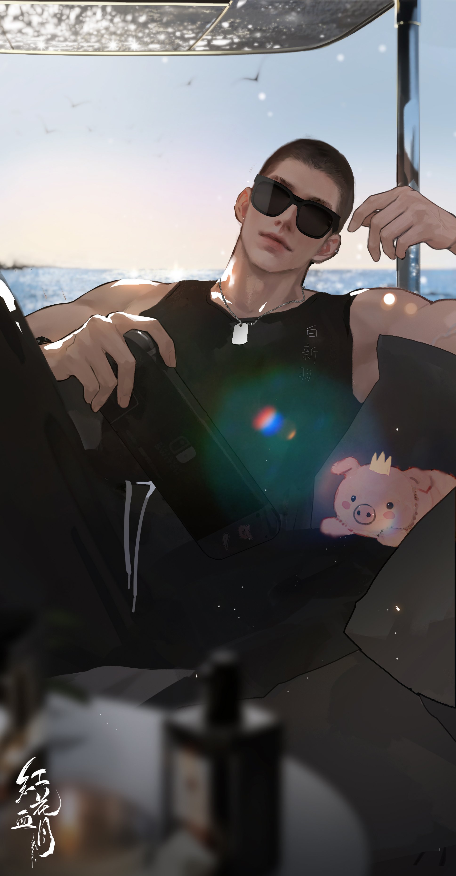 a young man with short hair and sunglasses is lounging on a boat. he's wearing a black tank top and has a small pink pig plush toy beside him. the ocean and a bright sky are visible in the background, indicating a sunny day. he appears relaxed and enjoying the moment.