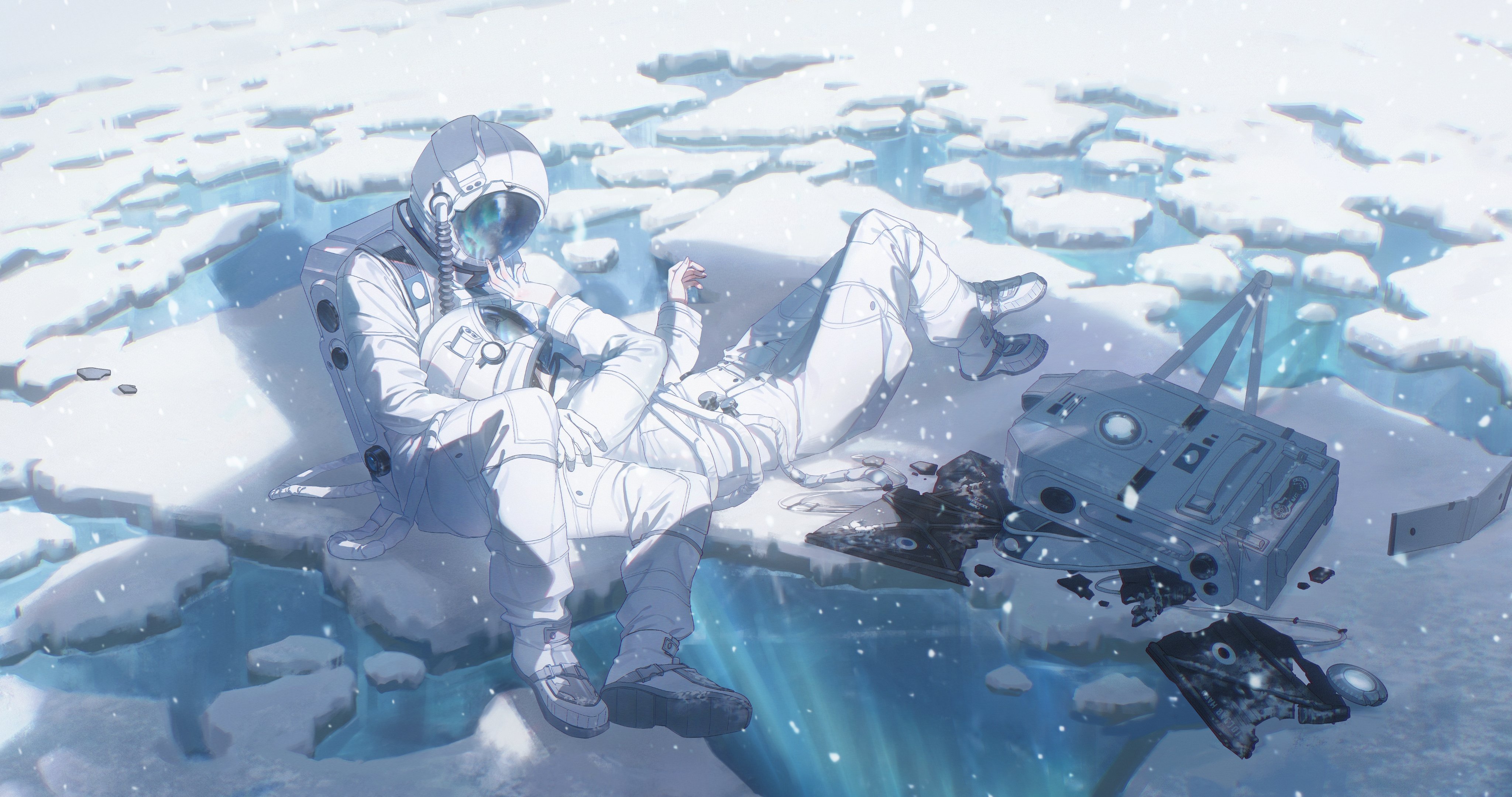 a drawing shows two astronauts wearing white spacesuits sitting and lying down on an ice floe in the arctic. one astronaut is sitting and the other is lying down with their head in the sitting astronaut's lap. next to the astronauts is broken equipment. underneath the ice floe is blue water with a reflection of the aurora.