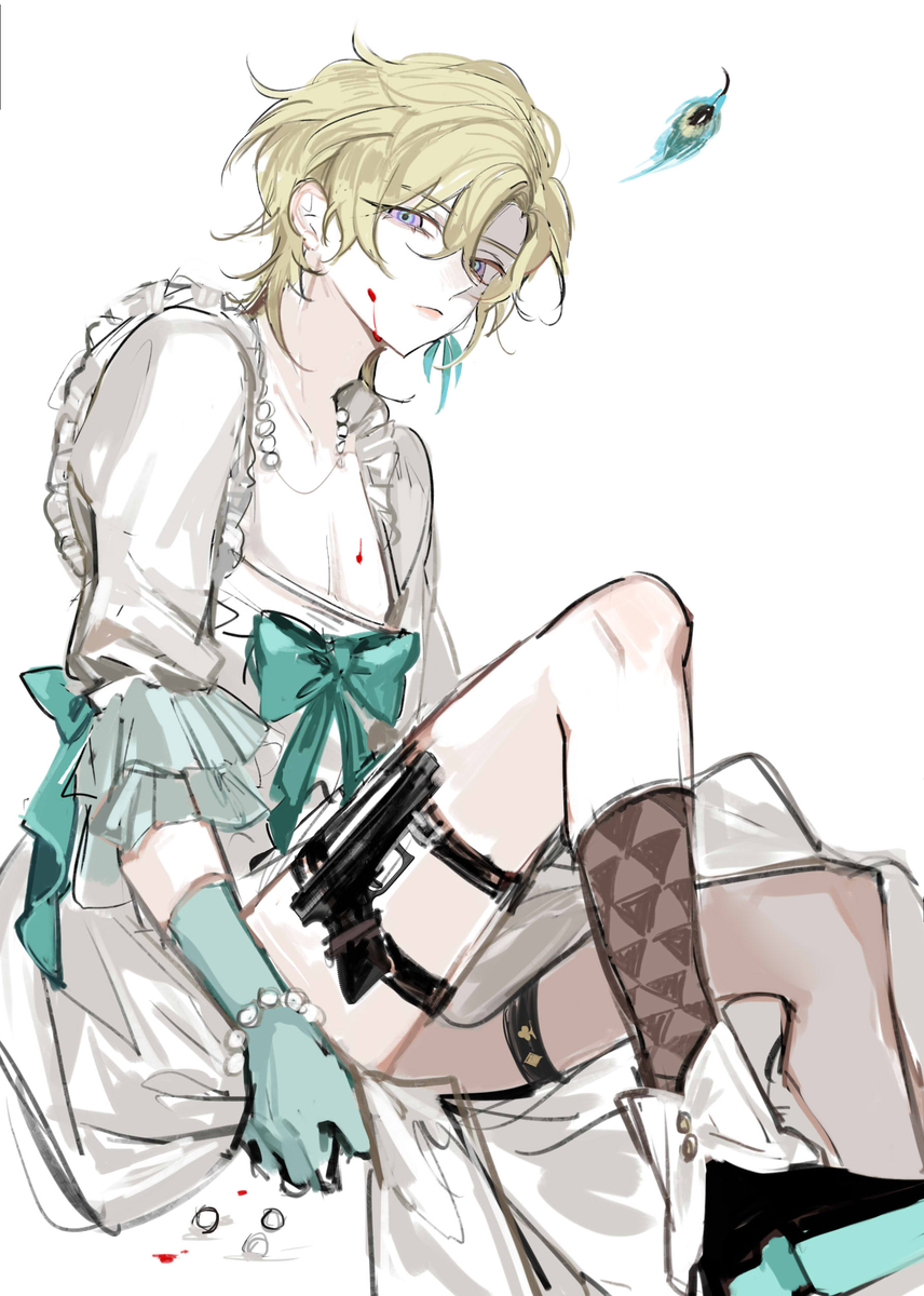 this is a digital illustration of a male anime character with blond hair, blue eyes, wearing a white dress with a blue bow and garter. the character is sitting with his leg crossed and is holding a gun. the image is drawn in a manga style.