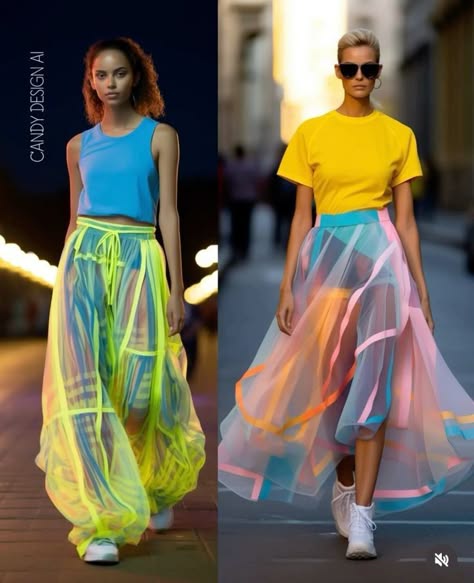 the image shows two female models on the street wearing colorful and stylish clothing. the model on the left wears a blue tank top with a bright yellow and green skirt and white sneakers. the model on the right wears a yellow tank top and a vibrant skirt made of tulle with blue, pink and yellow strips.  she is also wearing white sneakers and sunglasses.  both models have a contemporary,  avantgarde style.