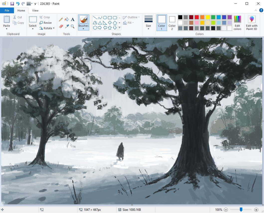 the image displays a digital painting created in ms paint, depicting a serene winter landscape.  the scene is dominated by two large, snowladen trees flanking a pathway. a lone figure in dark clothing is visible walking towards the viewer in the distance, creating a sense of solitude and scale. the overall color palette is muted, with grays, blues, and whites conveying a cold, wintry atmosphere. the brush strokes are visible, giving the artwork a painterly texture. the scene suggests a quiet, peaceful forest setting covered in snow. the top of the image shows the ms paint interface, including tools, color palettes, and other options used in the creation process.