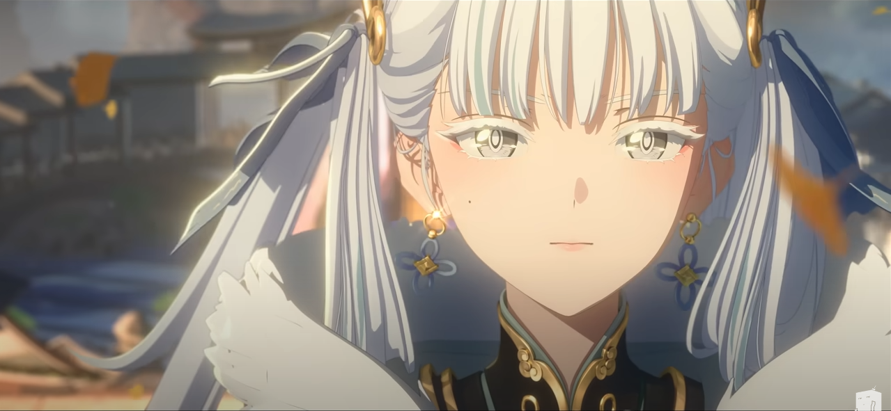 the image shows a closeup portrait of a young woman with white hair and blue eyes, rendered in an anime style. she is wearing ornate, chineseinspired clothing with gold accents, and blue flowershaped earrings. the background suggests a fantastical cityscape bathed in warm, golden sunlight, likely during the "golden hour." the perspective places the viewer at eye level with the woman.