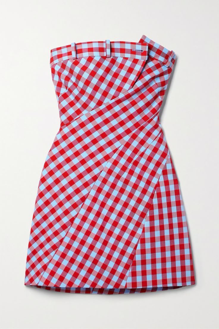 a strapless mini dress with a red and blue gingham pattern. the dress features a belted waist and a tailored fit.