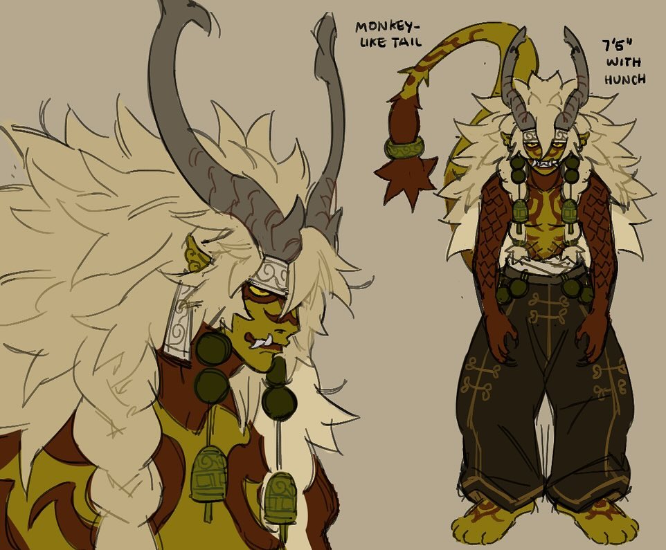 a digital drawing of a mythical creature with a monkeylike tail.  the beast is horned and has a furry mane. it wears red and gold colors with black pants and is standing in a hunched pose.  it is standing to the right of the page. the left side of the page shows a closer look at the creature's face.