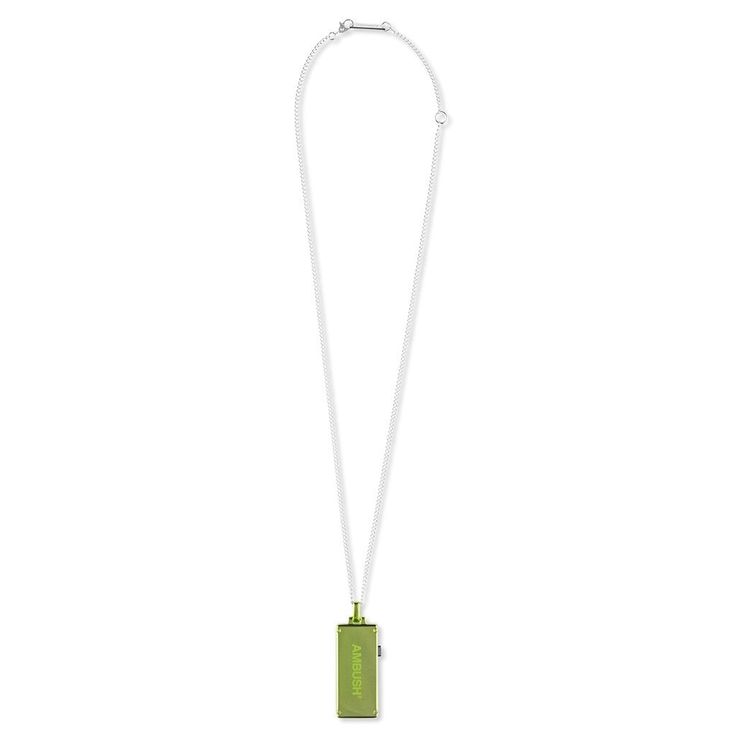 a silver chain necklace with a green rectangular pendant that reads "ambush" on it. the pendant is hanging from a silver chain that is connected to a silver clasp. the necklace is on a white background.