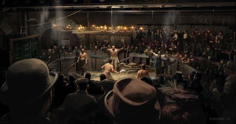 a vintagestyle illustration depicts a bareknuckle boxing match in an underground arena filled with spectators. the fighters, barechested, are positioned in a ring surrounded by a large crowd. one man stands with his arms raised, seemingly an announcer or referee. many in the audience are wearing hats. the scene is dimly lit and has an oldfashioned feel, suggesting a historical period.