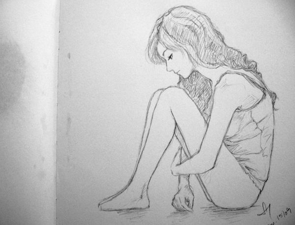 a pencil drawing of a young woman sitting with her legs crossed and her arms wrapped around her knees. she has long hair and is wearing a sleeveless shirt. she has a sad expression on her face. the drawing is done in a simple, minimalist style.