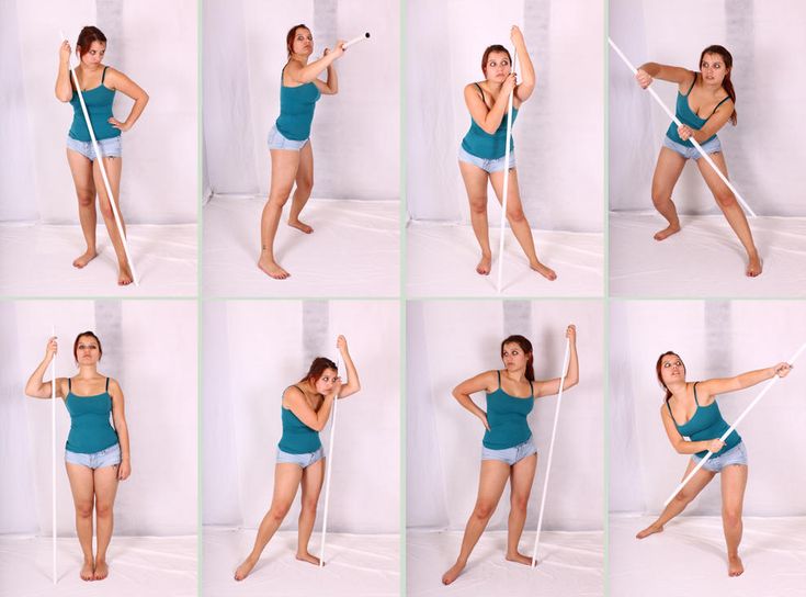 this image shows a woman in a blue tank top and denim shorts posing with a white staff in eight different ways.  the poses are all simple and single, and the woman is standing against a white background.