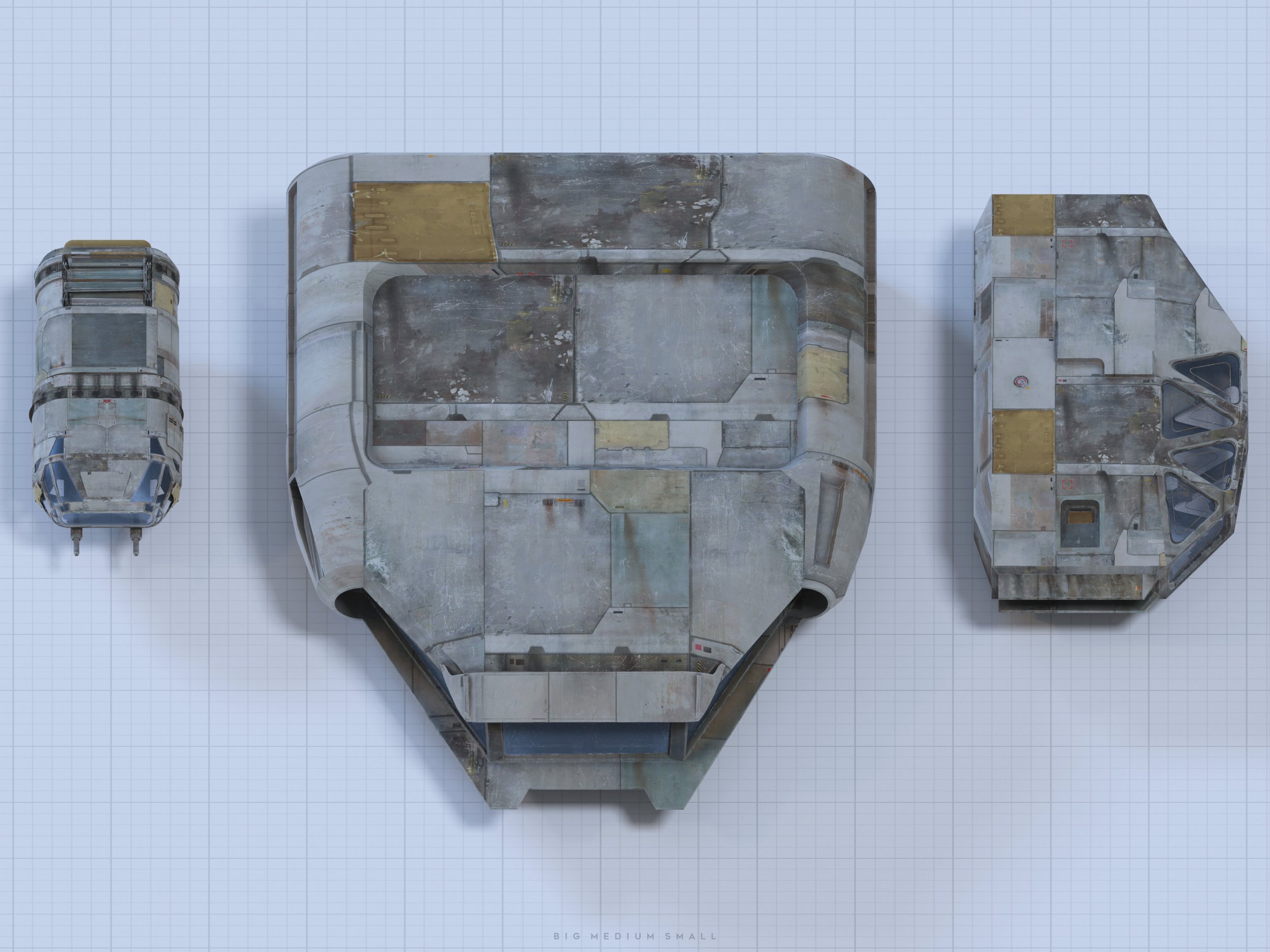 the image shows a topdown view of three separate components of a spaceship, arranged on a gridded background.  the largest component appears to be the main body section, while the other two are smaller, possibly engines or pods. all pieces are rendered in a detailed, weathered style, suggesting age and wear. the size of the parts suggests a modular design. the bottom right corner displays "big medium small" indicating the relative sizes of the components.  the style is reminiscent of science fiction spacecraft designs.