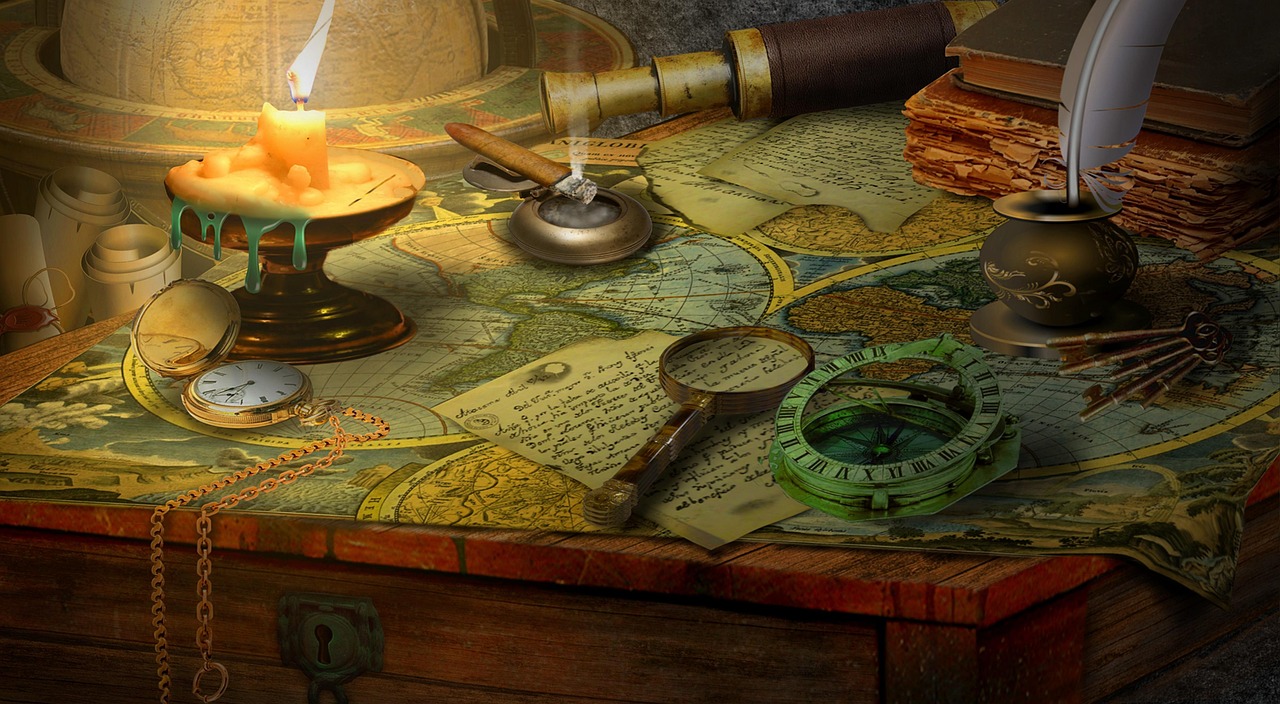 the image shows an antique desk covered with various old and vintage items. these include a lit candle in a candlestick with melting wax, a globe, a scroll, a telescope, a stack of books, a cigar in an ashtray, a map, a letter, a magnifying glass, a compass, keys, an inkwell with a quill, a pocket watch with a chain, and a chest with a keyhole. the overall aesthetic evokes a sense of treasure, adventure, and exploration.
