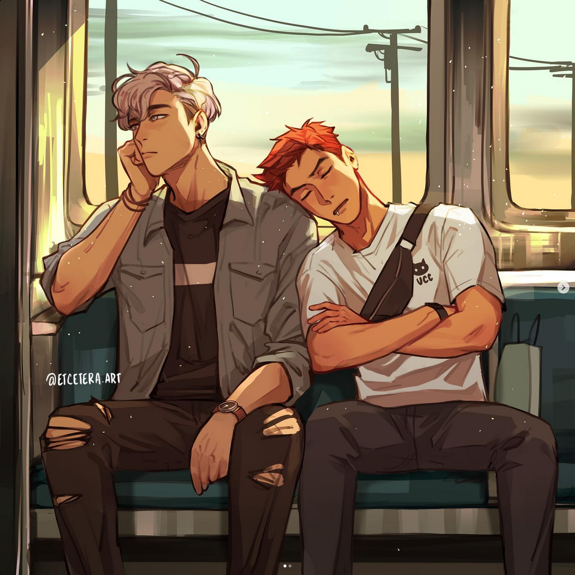 two young men are seated on a train, bathed in the warm light of the setting sun. one man, with vibrant red hair, rests his head on the shoulder of the other, who has styled white hair. the man with white hair gazes pensively out the window. the atmosphere is serene and intimate.  the color palette evokes the warmth and golden hues of the sunset.