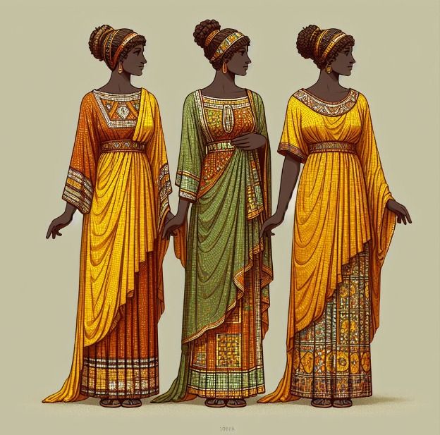 the image features three women standing side by side, dressed in historicallyinspired clothing reminiscent of ancient greece or rome. they are all wearing long, draped dresses or robes in different colors: orange, green, and yellow. each outfit includes detailed mosaic patterns on the hems, belts, or necklines, and is accented with headbands and jewelry. the women have similar hairstyles with their hair styled in buns and dark complexions. the style evokes classical art and historical depictions of ancient civilizations.