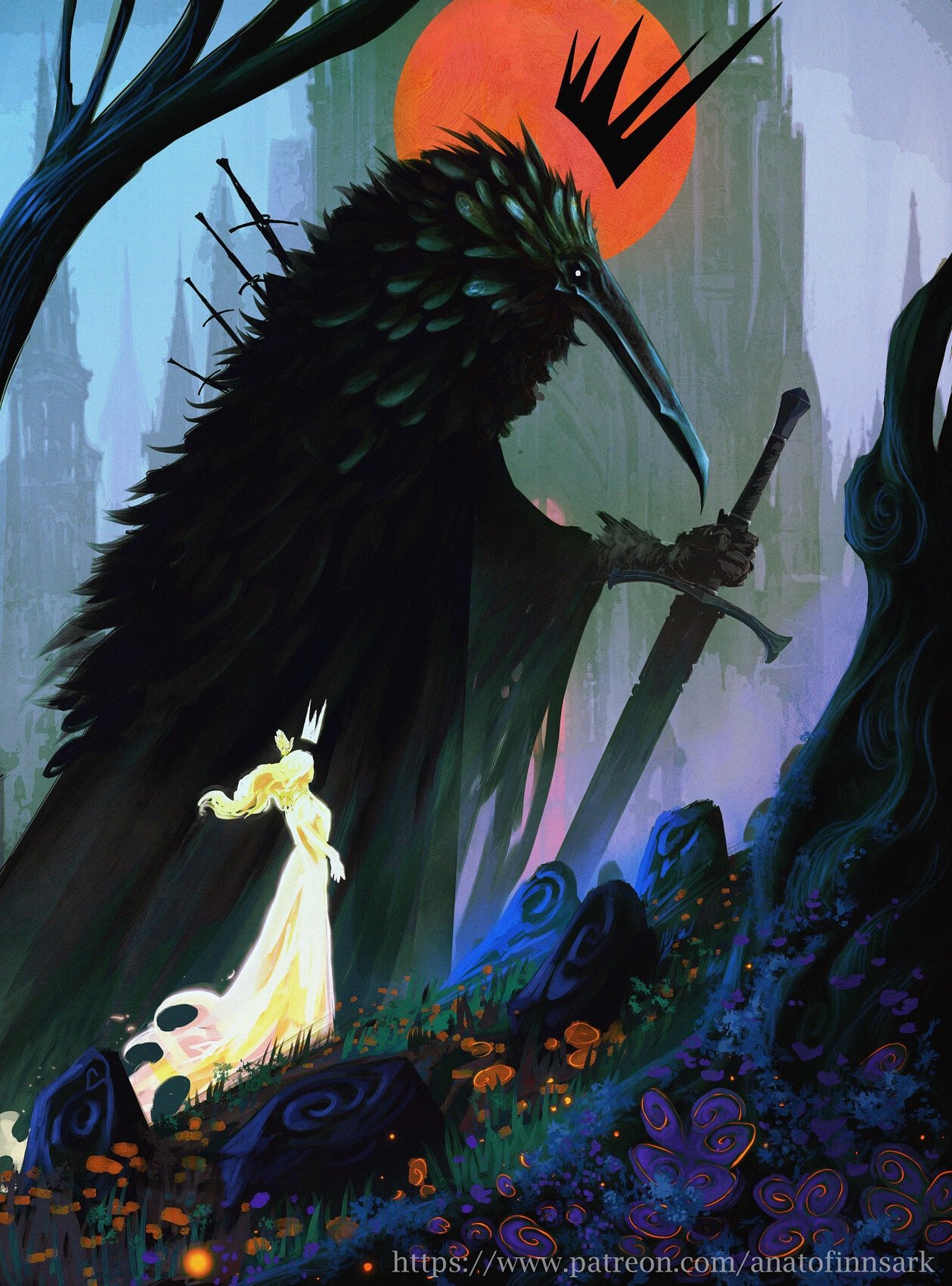 the painting depicts a regal ravenheaded figure, likely a king, standing tall with a sword in hand. he is adorned with a crown and a dark, feathered cape. a princess in a flowing white gown stands in the foreground, her back turned to the viewer. the setting is a hauntingly beautiful forest with ruins in the background and a giant, orange sun setting behind them. the overall atmosphere is one of mystery and magic.