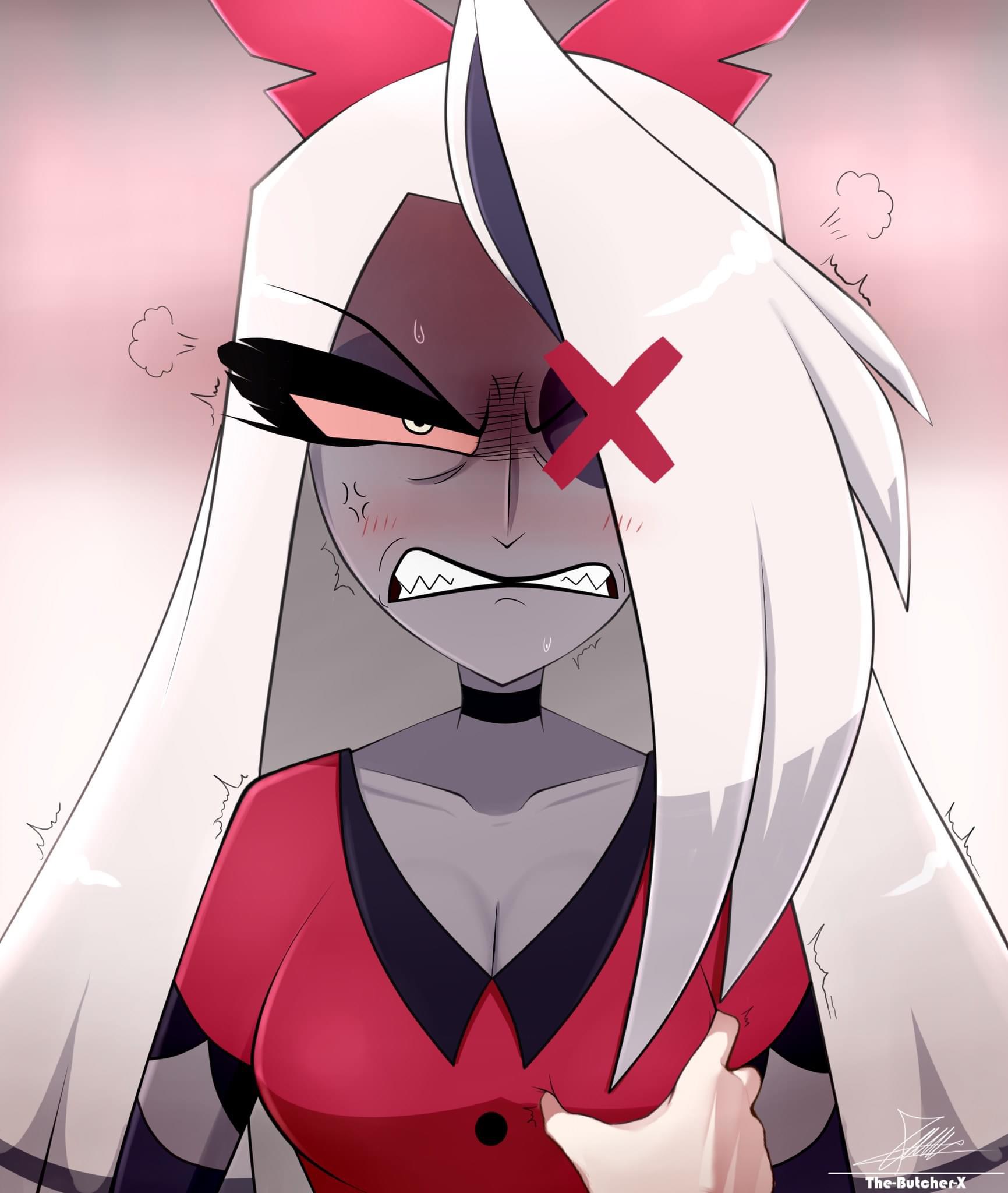 a closeup shot of an anime girl with white hair, red eyes, and a red dress, with a cross mark on her forehead, she is clearly angry and irritated. she has blushing cheeks and looks like she is being embarrassed. the background is pink and white.