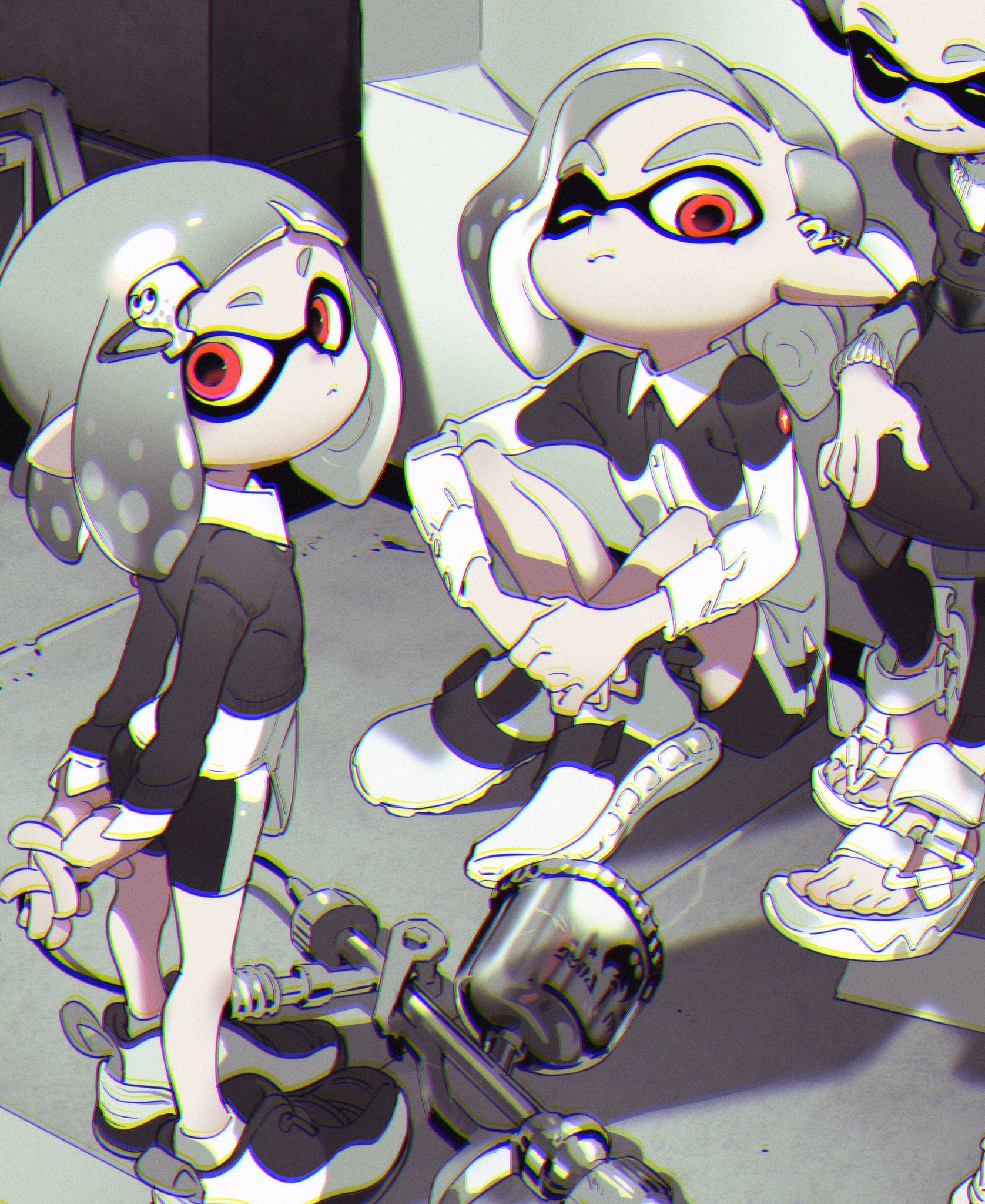 the image showcases three characters who appear to be inklings from the splatoon series. they are stylized with exaggerated features and dressed in trendy streetwear. the setting appears to be a shadowed alleyway with hints of graffiti and urban decay. the lighting is dramatic, utilizing high contrast and deep shadows to create a sense of coolness and edginess.  the low camera angle adds to the dynamic and rebellious tone of the scene.