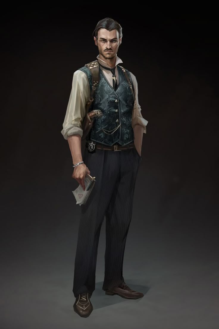 a fullbody digital illustration of a man in a suit. he has a mustache and dark hair, and he's wearing a lightcolored shirt with a patterned vest over it. he also has a gun holstered at his side, and a badge visible on the vest. he's holding papers in one hand and wearing a bracelet. his shoes are brown. the style is reminiscent of fantasy or historical fiction art. the background is plain and dark.