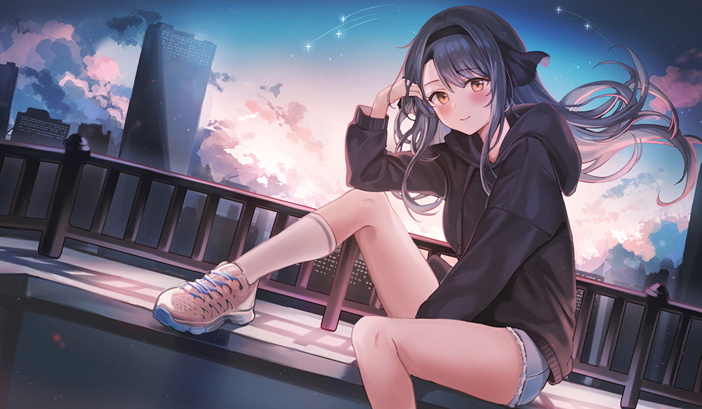the image is a digital illustration of an anime girl with long, dark gray hair, wearing a dark hoodie and light pink sneakers. she is sitting on a rooftop railing, looking towards the viewer with a gentle smile. the background features a cityscape at sunset, with pink and purple clouds, and a few stars visible in the sky. the overall style is soft and dreamy, with a focus on the character's expressiveness and the beautiful setting.