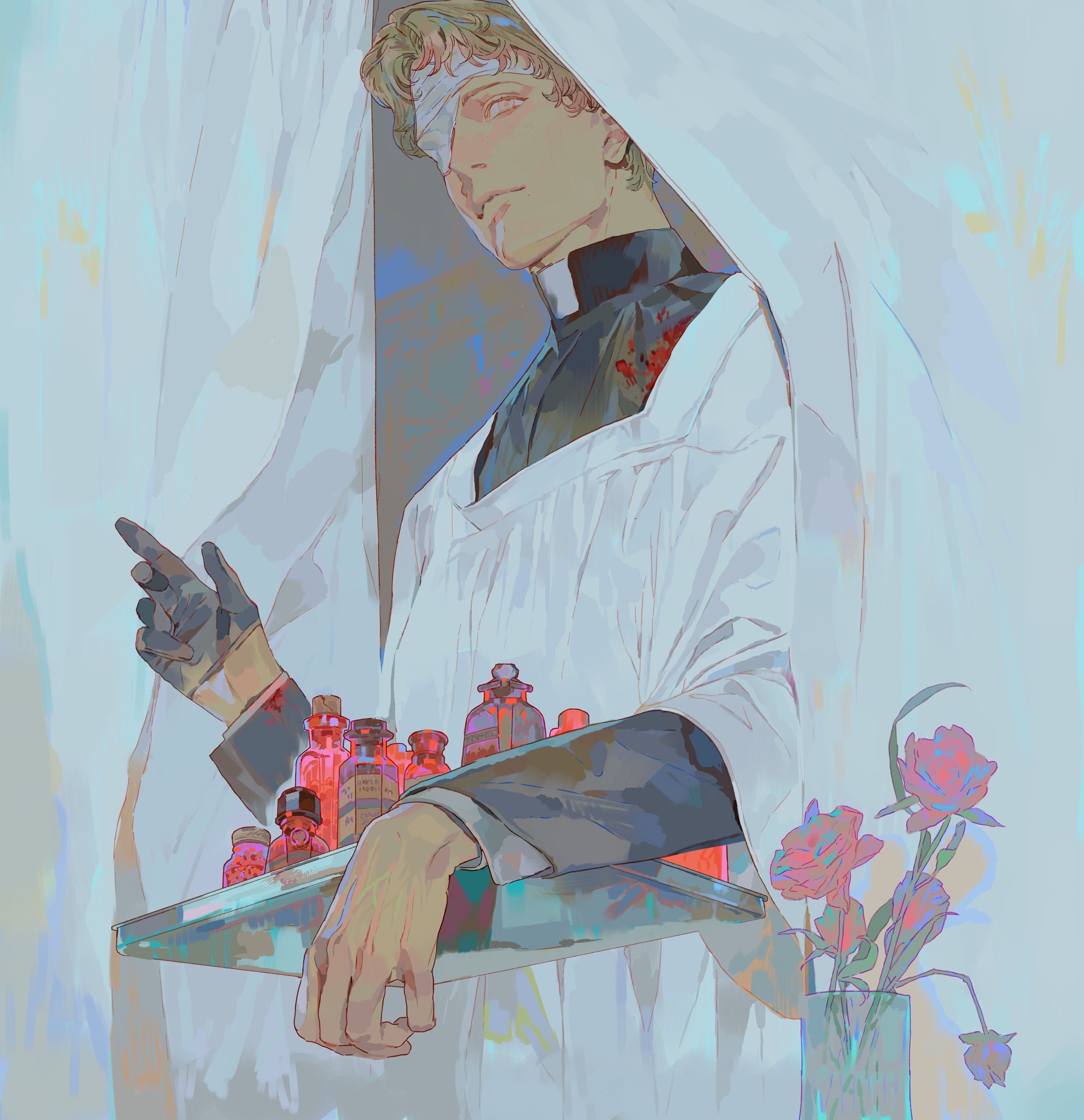 a digital painting of a man wearing a white robe, likely a priest or doctor, with a bandage covering his eyes, holding a tray with small bottles of medical supplies. the man is framed by white curtains, and there is a vase of roses on the right side of the image.