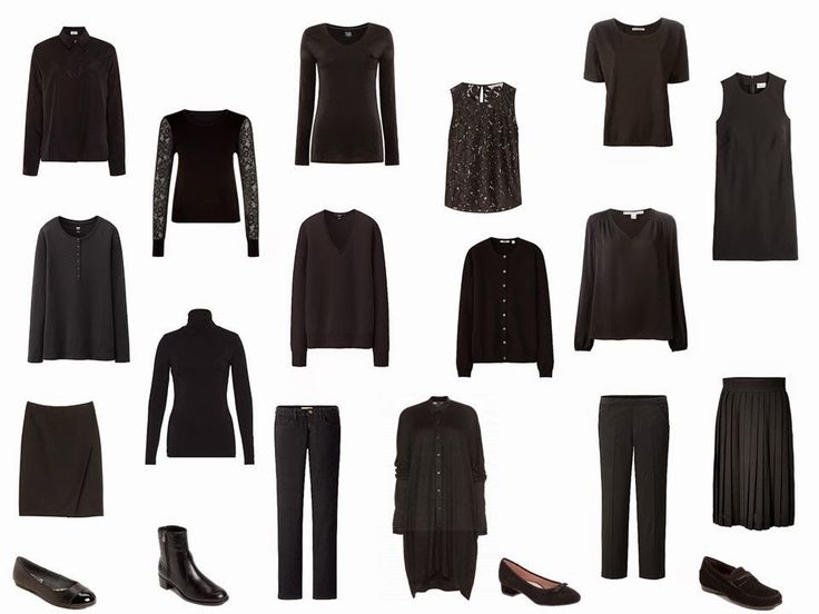 the image shows a collection of black clothing items, including various tops, blouses, shirts, skirts, pants, dresses, and shoes, arranged against a white background. there are longsleeved and shortsleeved shirts, tshirts, cardigans, sweaters, turtlenecks, and blouses with lace sleeves. the skirts include a classic style and a pleated one. the shoes consist of flats and boots. all the items appear to be black, suggesting a classic or capsule wardrobe selection.