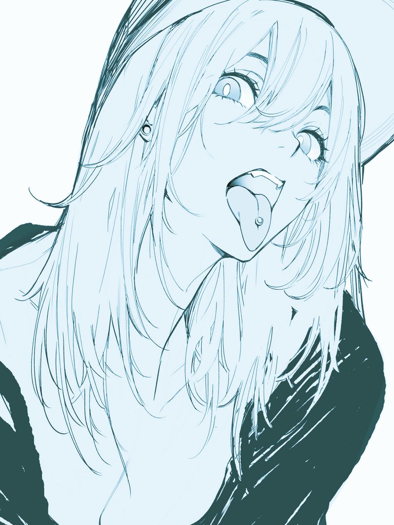 the image is a digital sketch or drawing in a manga/anime style. it depicts a young woman with long, lightblue hair wearing a baseball cap.  her face is the focal point, and her expression is suggestive and sensual; her tongue is sticking out, revealing a piercing. the art style is loose and sketchy, with visible linework and shading, mostly in shades of teal and light blue against a white background. the overall feel is somewhat provocative and alluring.