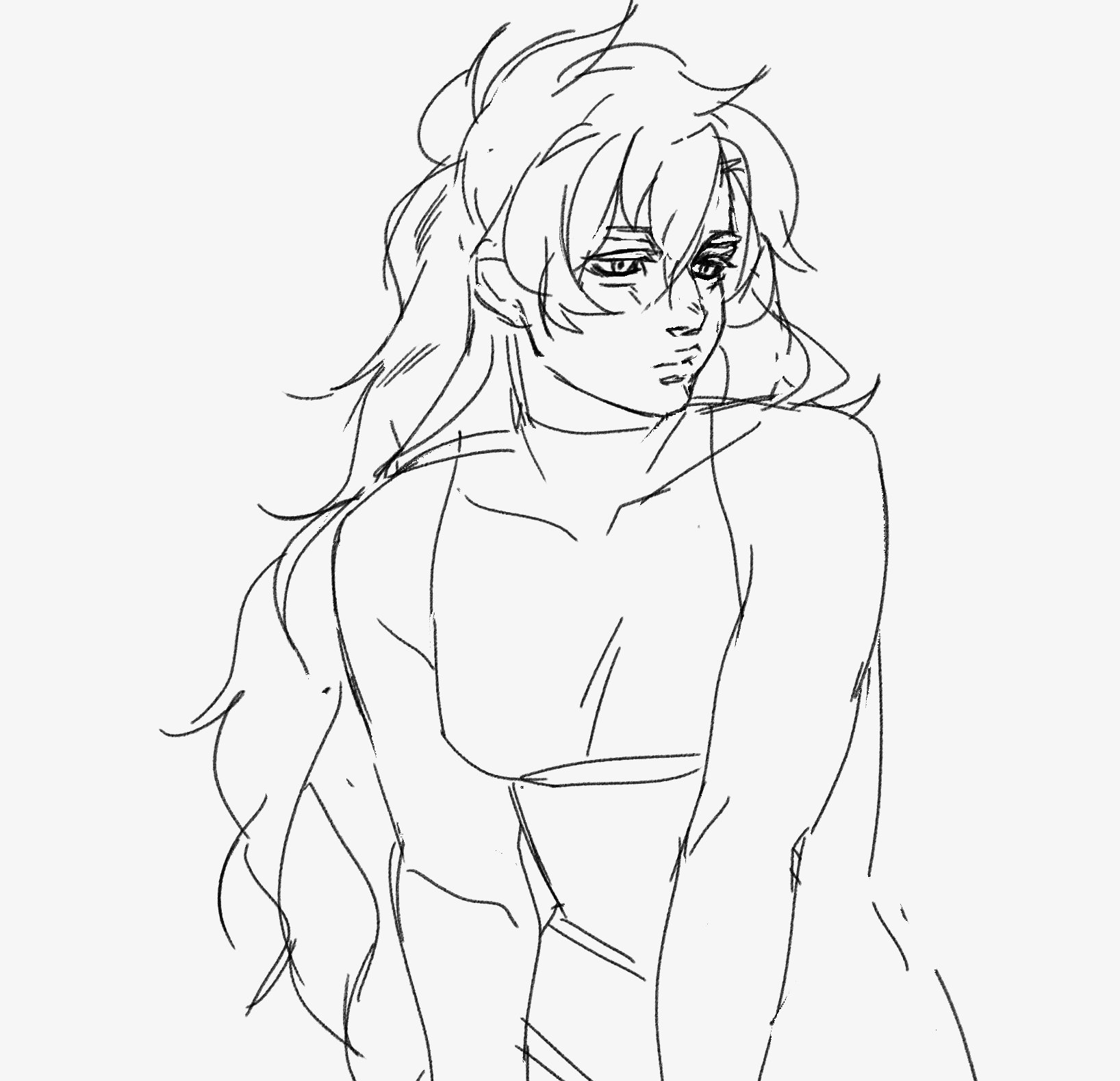 a drawing of a young anime girl with long white hair and a sad expression on her face, she is wearing a white top and black pants, and her arm is raised in a gesture of despair. the image is sketched in black and white.