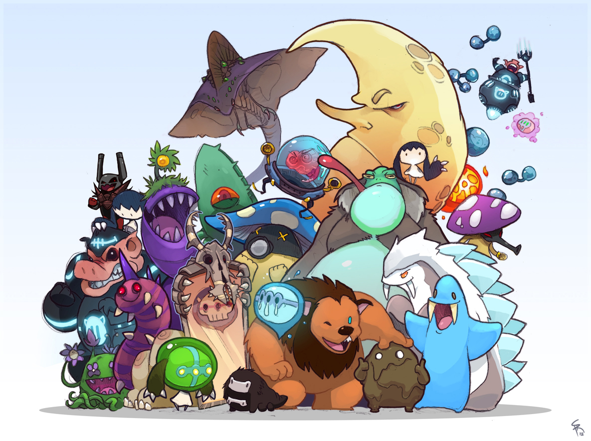 the image showcases a vibrant gathering of whimsical creatures set against a pale blue backdrop. these fantastical beings, rendered in a cartoon style, boast a medley of shapes, sizes, and colors. there are furry beasts, slime creatures, anthropomorphic mushrooms, and even a grumpylooking moon. each character is uniquely designed with playful details, contributing to the overall sense of lighthearted fantasy.