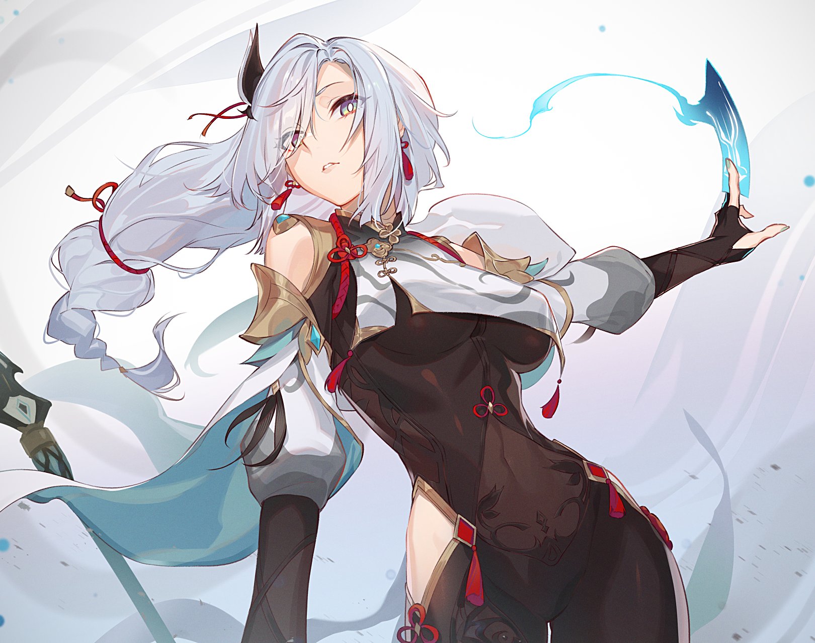 the image features shenhe, a character from the video game genshin impact. she's depicted as an anime girl with long, flowing white hair adorned with red ribbons and a dark, possibly black, lock near her forehead. her outfit consists of a formfitting black bodysuit with ornate red accents, complemented by a white and beige upper garment with intricate details and a flowing white cape. she has fair skin and is holding a glowing blue energy effect in her hand. her expression appears determined. she is standing with a confident pose against a backdrop of blurred white and blue tones.