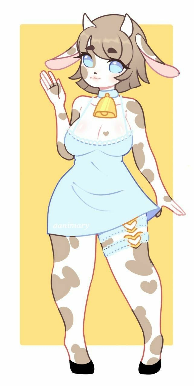an animestyle cowgirl character stands in a light blue dress and stockings. she has a bell around her neck and a garter on her thigh. the background is yellow.