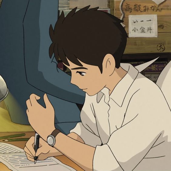 a young man with short brown hair wearing a white shirt sits at a desk and writes intently.  he is lit from the left by a desk lamp, casting the right side of his face in shadow.  the image is a film still, drawn in a classic anime style.  the overall palette is warm and muted.
