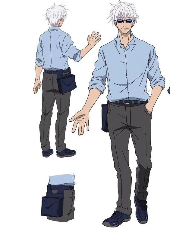 the image shows a character design sheet of a young man with short, spiky white hair. he is wearing a light blue, longsleeved shirt with the sleeves rolled up to his elbows, a pair of dark gray pants with a black belt, and black shoes. he has a black messenger bag slung across his chest. he is shown in both front and back views, with and without sunglasses. the style is typical of anime and manga. the image is brightly lit with flat lighting, making it easy to see the details of the design.