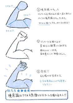 a drawing tutorial on how to draw a muscular arm, broken down into six steps.  the tutorial is written in japanese.