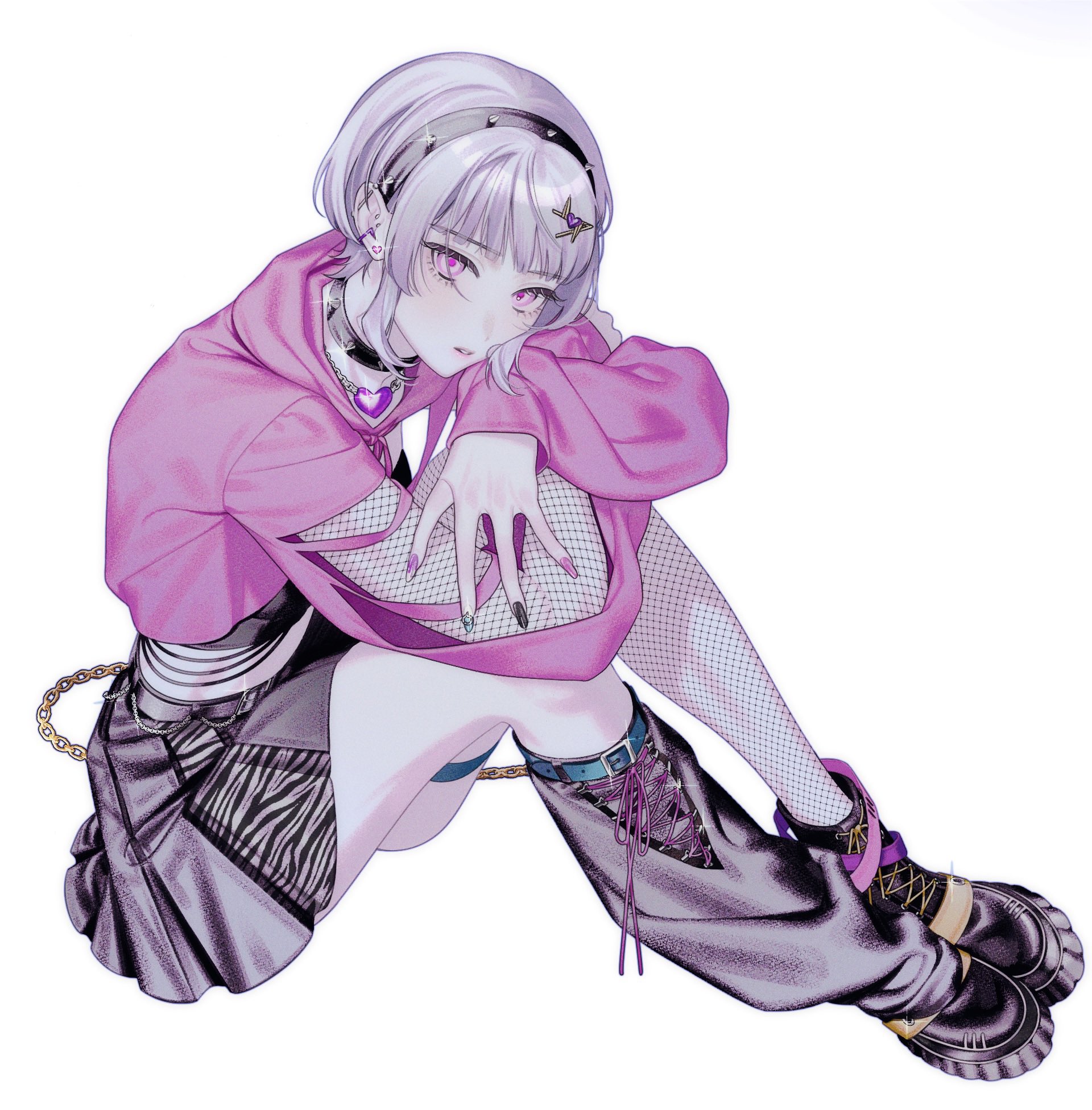 the image is a digital illustration of an animestyle girl.  she has short, lavendercolored hair with bangs, and she's wearing a pink hoodie with cutouts at the sides, a black and white zebrastriped skirt, fishnet stockings, and dark boots with laces.  her outfit includes several accessories, such as a heartshaped necklace and a starshaped hair clip. she is sitting with her knees bent and arms wrapped around herself, creating a somewhat introspective pose. the overall style is a blend of cute and edgy, incorporating elements of grunge and alternative fashion. the color palette is primarily in shades of purple and pink. the illustration has a soft, almost pastel quality, yet there's a sharp detail in clothing textures and the character's facial features.