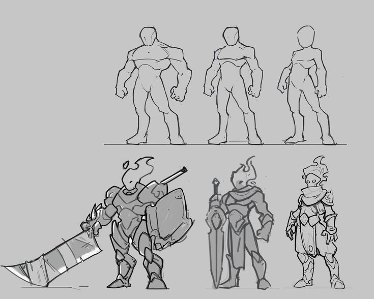 the image shows a collection of sketches in grayscale. the top row features three basic humanoid figures in various poses, serving as potential anatomy studies or foundational character designs. these figures are simplified, lacking detail beyond basic body structure. the bottom row showcases three more detailed character concepts. these are more fully realized and depict armored figures, with one resembling a knight and another a more mechanical or robotic warrior, each incorporating flame or fire elements in their design.  the stylistic approach is loose and expressive, typical of concept art sketches. the overall impression is a series of design explorations for potential characters in a game or fantasy setting.