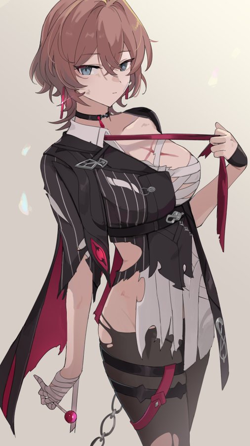 this is an illustration of an anime woman in a black and white striped jacket with a white shirt underneath, ripped in a couple of places. she has a red ribbon tied around her chest and a chain with a red sword on her leg. she's standing and staring at the camera.