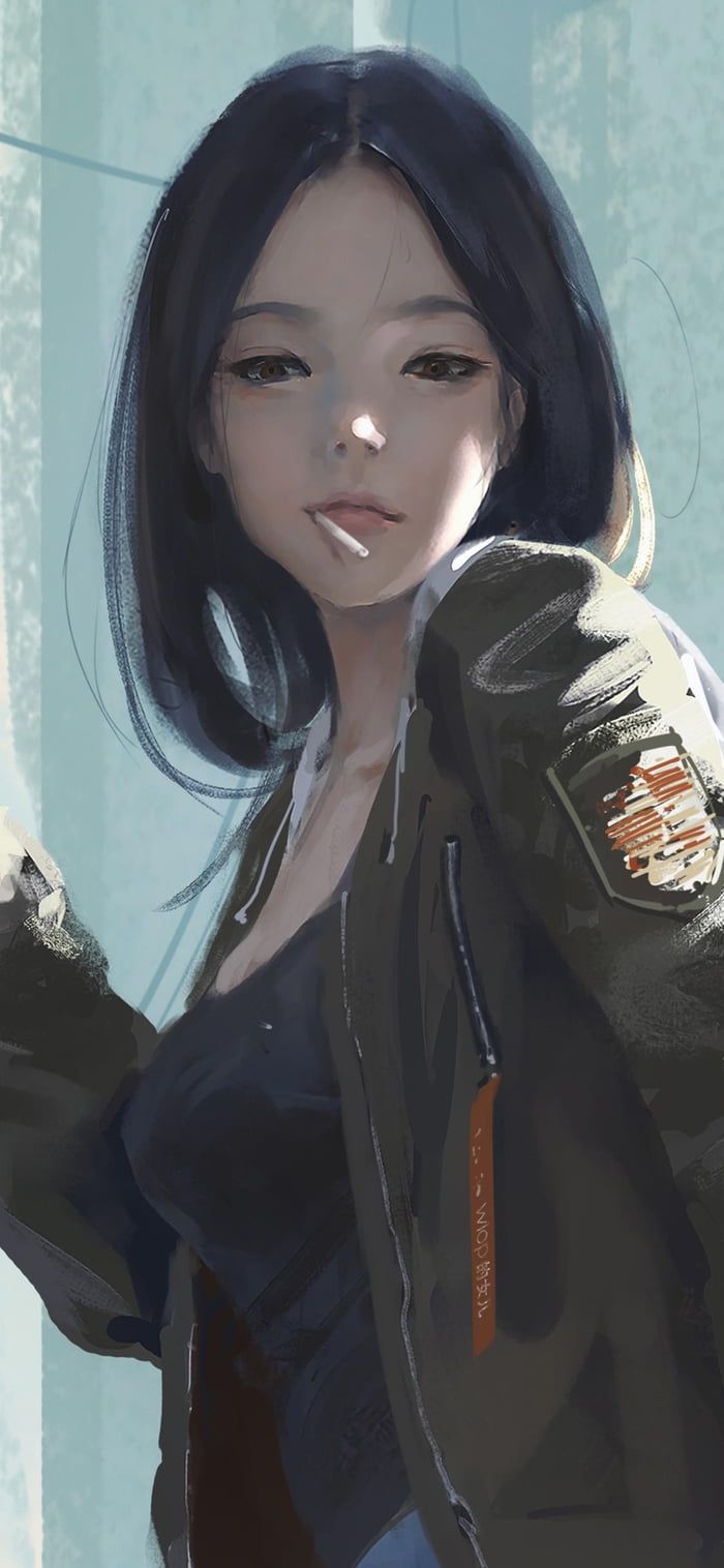 an animestyle drawing of a woman with black hair, wearing a green jacket and a black top. she is looking down with a cigarette in her mouth.