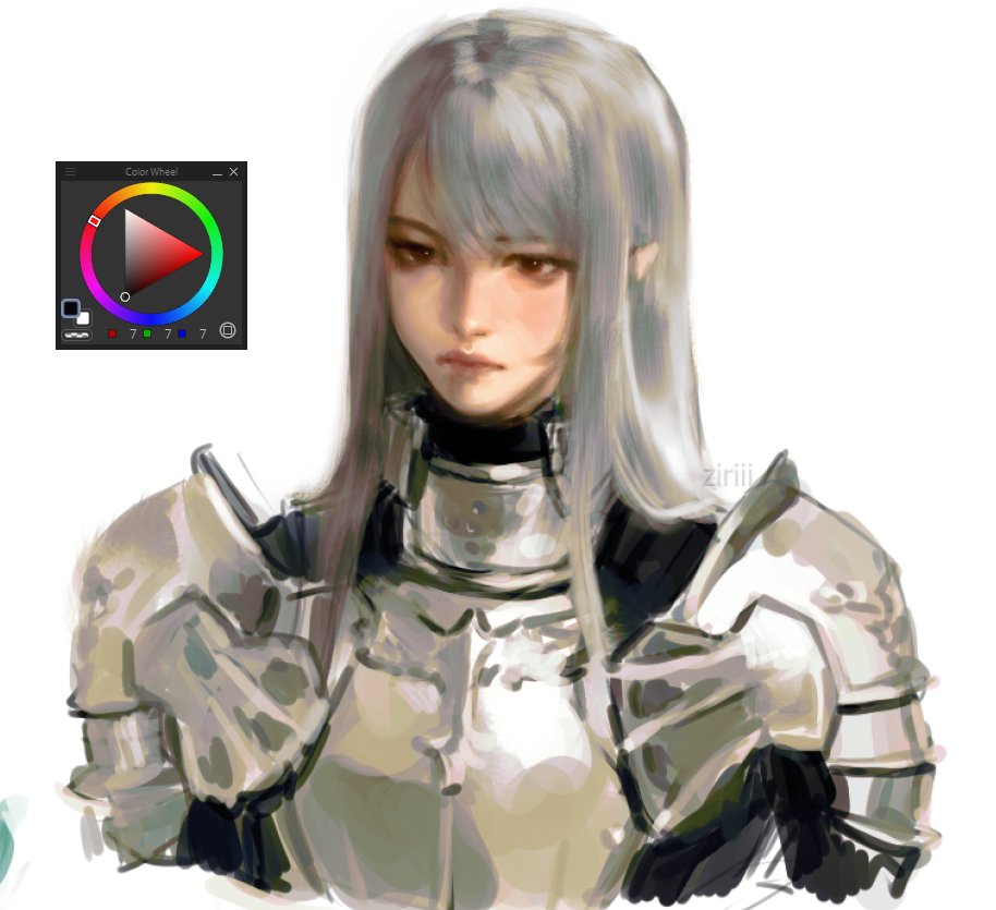 the image showcases a digital painting of a female knight.  the character is depicted from the chest up, wearing ornate silver armor. she has long, straight gray/white hair and a serious expression. the style is reminiscent of anime or manga, with soft shading and a focus on the character's face and expression. a color wheel interface is visible in the upper left corner, suggesting a workinprogress image illustrating the artist's use of color. the artist's signature "zirilii" is subtly placed on the image. the overall impression is one of fantasy and perhaps a strong female protagonist in a game or narrative setting.
