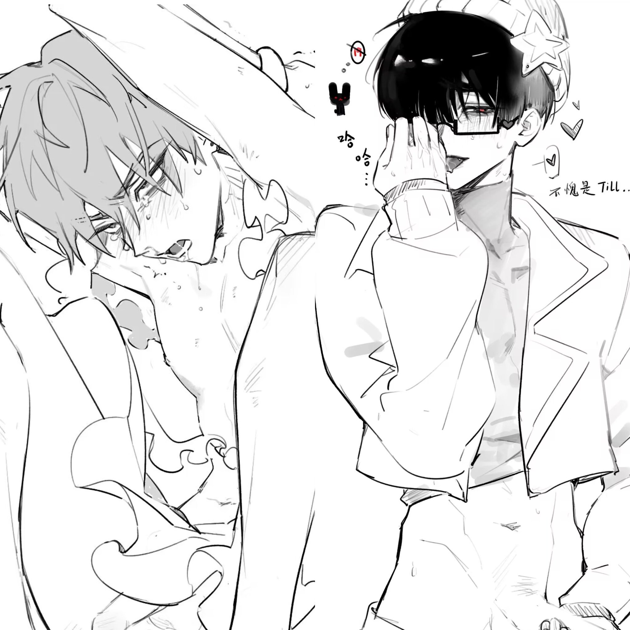 the image is a drawing of two anime boys. the boy on the left is wearing a white jacket and a lightcolored shirt. he is blushing and looking down. the boy on the right is wearing a black jacket and white pants. he is looking at the boy on the left with a gentle smile. the two boys are standing close together and seem to be in a romantic relationship. they are both drawn in a simple, sketchy style. the background is white and the image is drawn in black and white.  the image has a cute and happy vibe.