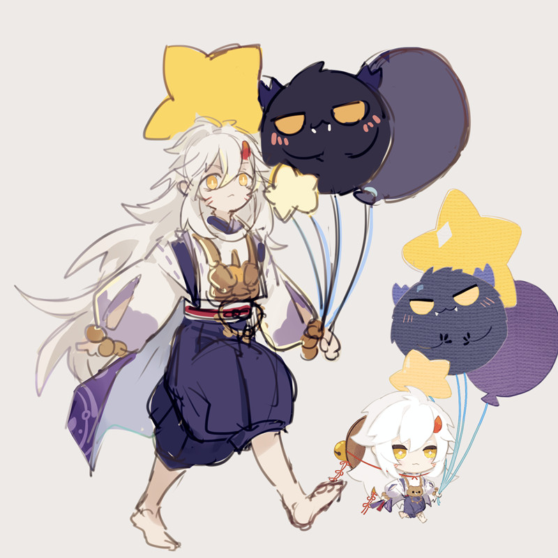 the image is an illustration of two anime characters, both dressed in a traditional japanese kimono, holding colorful starshaped balloons. the character on the left, a girl with long white hair, is wearing a white and purple kimono,  and she is holding a black and purple balloon shaped like a cat with a  yellow star on it. the character on the right, a boy with long white hair and a red bow, is wearing a purple and yellow kimono and holding a purple and black balloon shaped like a cat with a yellow star on it. the scene is set against a light grey background. the image is a cute and whimsical illustration of two characters enjoying a fun celebration. the characters are very expressive and the balloons are bright and colorful, which adds to the overall happy and playful vibe of the image.