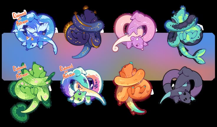 the image is a compilation of eight cartoon dragon designs, each with a unique color scheme and theme. they are arranged in two rows and are set against a black background with a horizontal lightcolored gradient in the center. each design features a serpentine dragon coiled around a smaller, babylike version of itself. some designs have additional elements, such as stars, flowers, fins, and different tail shapes. the designs are labeled with "claimed on patreon" suggesting the dragons were originally available to be claimed by patrons.