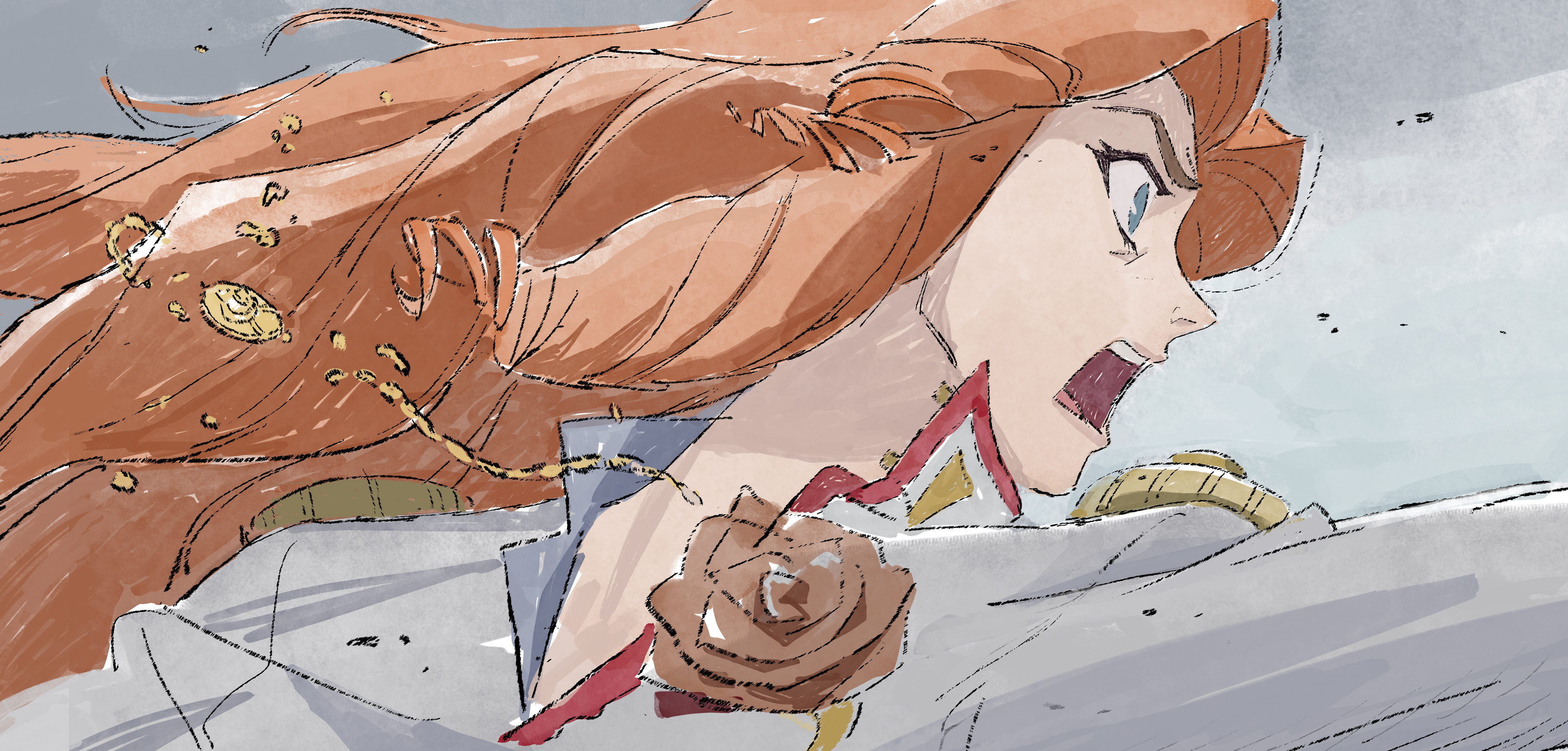 a closeup, side view illustration of an anime woman with red hair. she has a fierce expression on her face and appears to be yelling.