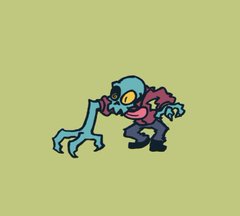 a cartoon drawing of a blue zombie with a red shirt. the background is a light green.