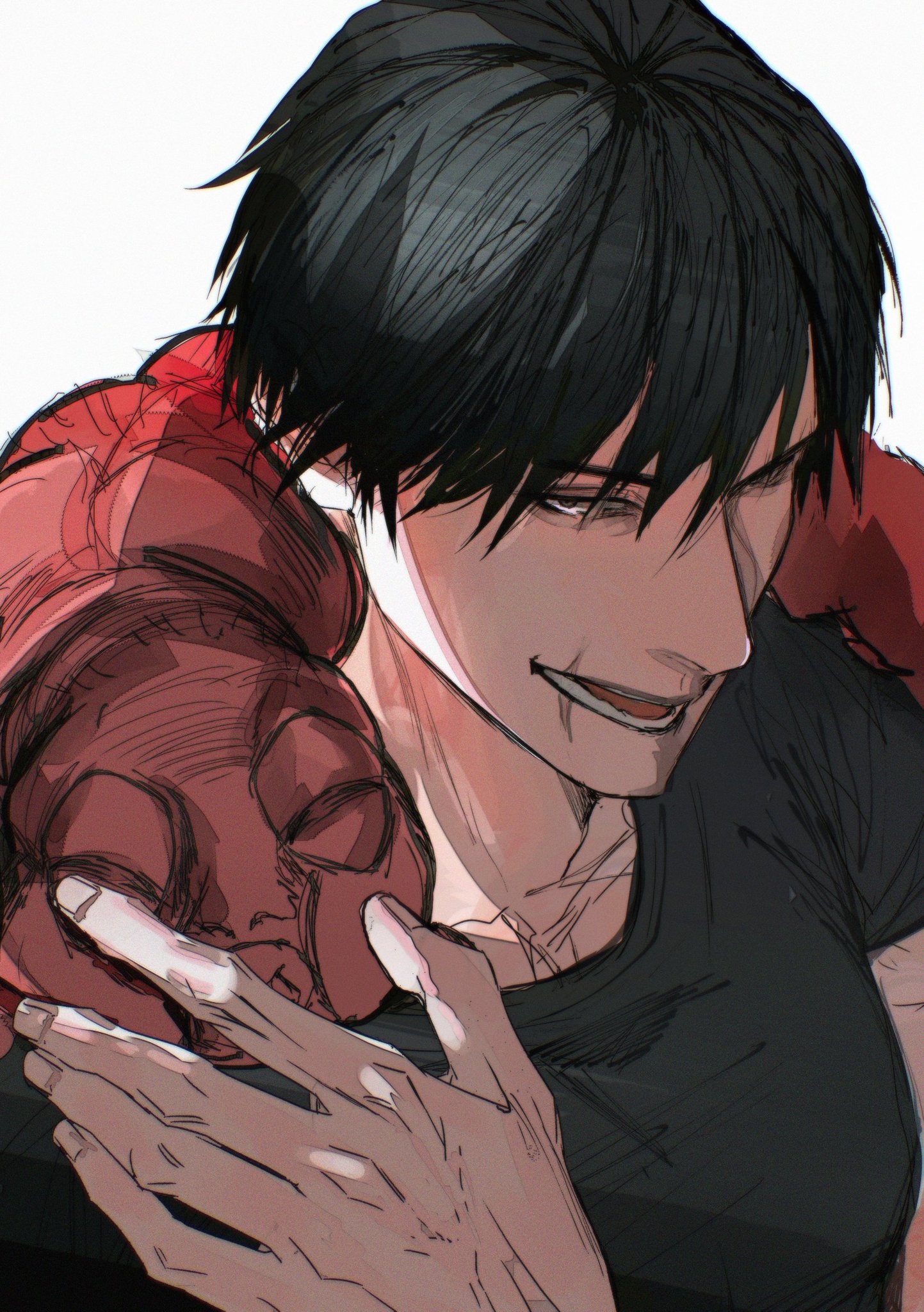 this is a digital art piece showing a man with black hair, red eyes, and a sinister smile. he is holding a large red object in his left hand and looking at the viewer. the man is drawn in a stylized and slightly rough anime style, with a focus on detail and a textured background. the artwork is set against a plain white background.