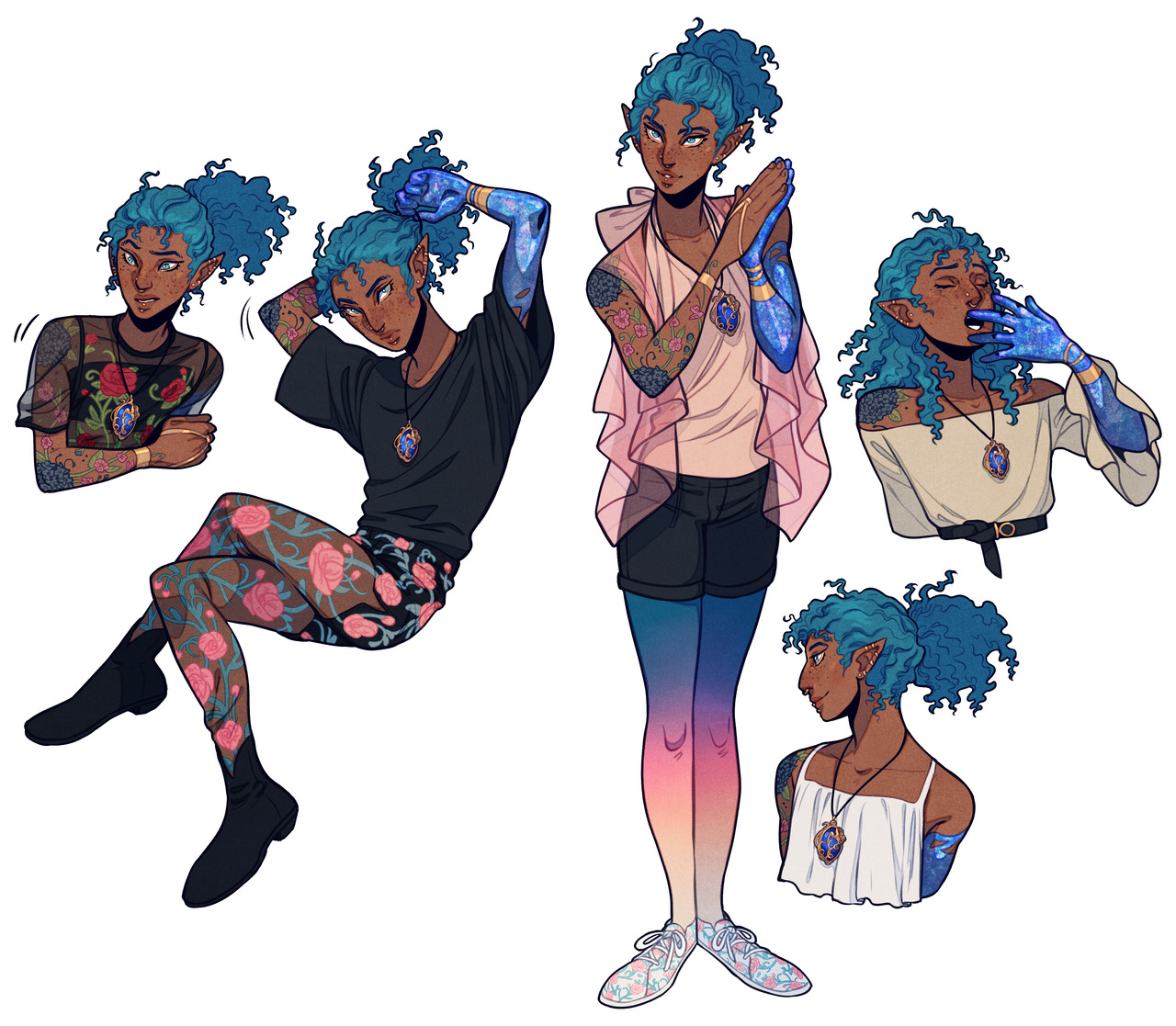 a character design sheet of a darkskinned male elf with blue curly hair, galaxythemed arm tattoos, and a celestial pendant. he is depicted in five different poses, each showcasing aspects of his personality and style. he wears a variety of outfits incorporating pink, black, and floral patterns. the style is reminiscent of modern fashion with fantasy elements.