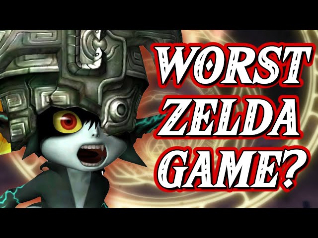 the image shows a video game character, a demoniclooking green creature, with a large, dark helmet. behind the character is a glowing, circular pattern, and large text in red and white. the text says "worst zelda game?"  the image appears to be a still from a video game review or discussion.