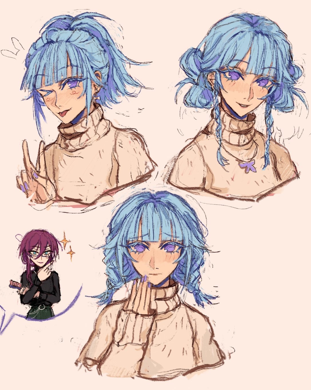 he image contains a collection of digital sketches featuring a young animestyle girl with light blue hair. the sketches showcase the character in various hairstyles, including a high ponytail, two buns, and two braids. she's consistently depicted wearing a lightcolored, cozylooking sweater. the art style is soft and pastel, with loose, expressive lines and gentle shading. there is also a smaller sketch of a different girl with darker hair and glasses, seemingly separate from the main character's variations. the overall mood is light, sweet, and playful.