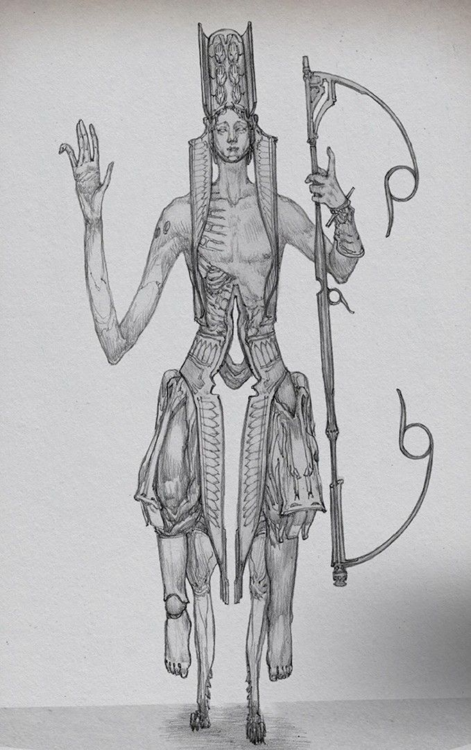 a pencil sketch of a tall and thin humanoid figure with exposed bones and organs. the figure wears an ornate headdress and a garment resembling a ribcage.  the figure's left hand is raised, and its right hand holds a large, curved staff. the drawing is done in a detailed and realistic style, with shading and crosshatching to create depth and volume.