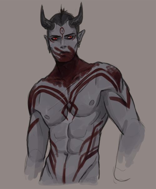a sketch drawing of a male demon with horns and a muscular body. the demon is shown from the waist up with a red, grey and black color scheme and red eyes. the demon has tribal tattoos all over its body, and a single red dot on its forehead. the drawing style is a bit abstract and more focused on the overall look and shape of the demon rather than details.