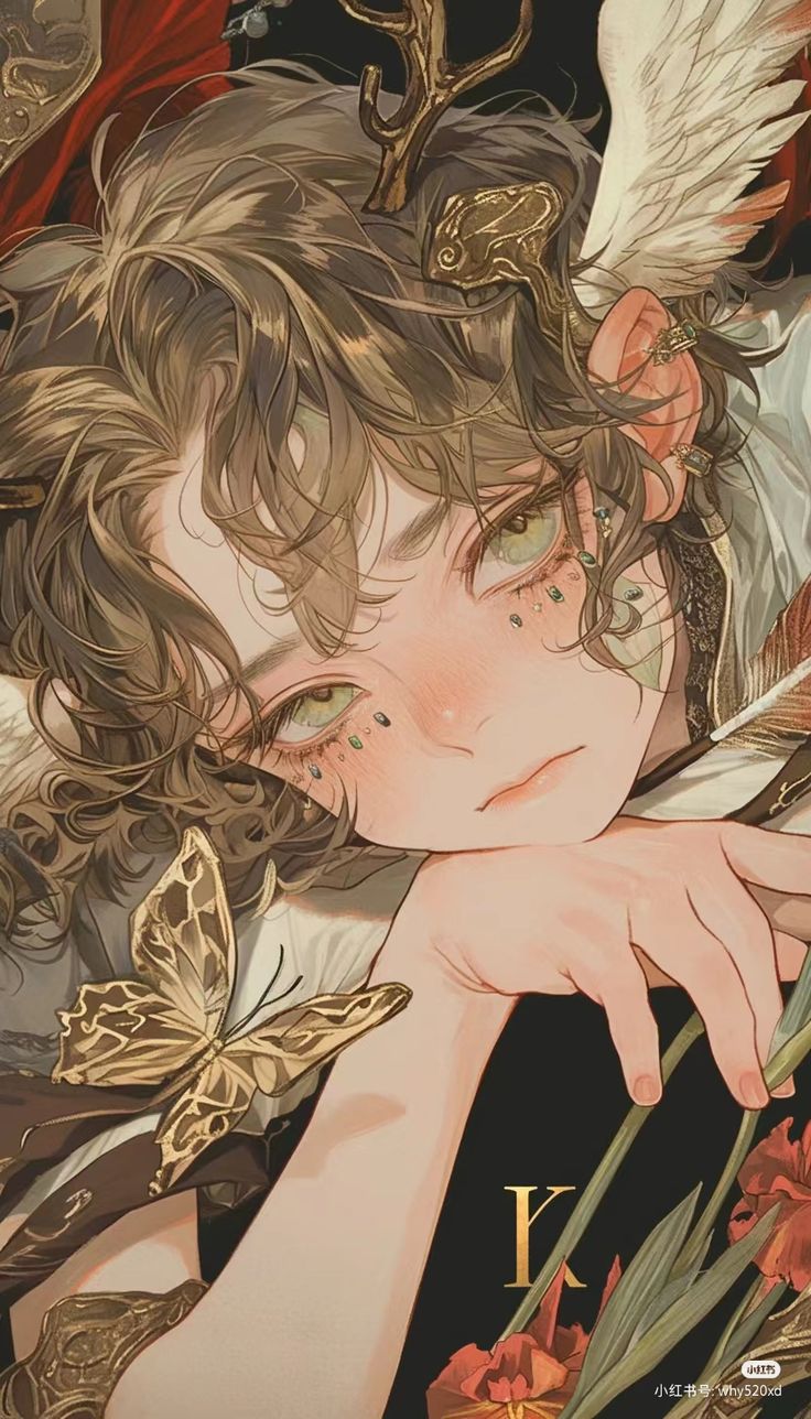 loseup illustration of an animestyle character. the character has long brown hair, green eyes adorned with small decorative elements, and is wearing ornate jewelry and clothing.  they have large, delicate wings and antlers as part of their attire. a butterfly is perched on their clothing, and flowers are visible in the bottom right corner. the overall style is ethereal, soft, and detailed, creating a dreamy and romantic atmosphere.  the letter "k" is prominently featured in the background.
