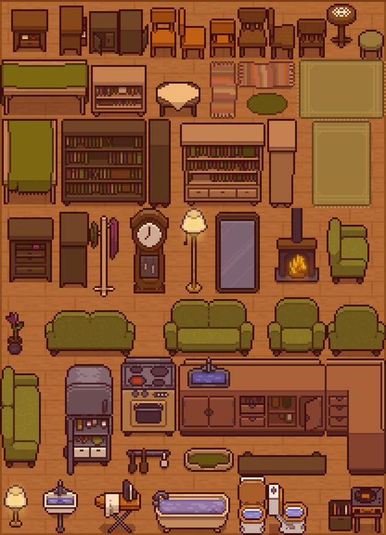 he image is a collection of pixel art depicting various pieces of furniture and home decor items. the style is reminiscent of classic video games, potentially for a life simulation or roleplaying game. the palette is warm and inviting, featuring wood tones, muted greens, and pops of orange. included are couches, beds, tables, chairs, storage units, appliances, bathroom fixtures, and decorative elements like rugs, plants, and a grandfather clock.